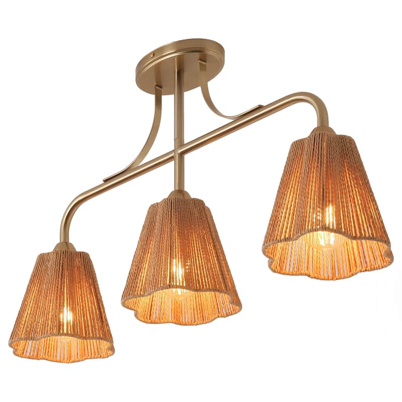 Bohemian Brown Paper Rope Shade 3-Light Gold Linear Chandelier Light