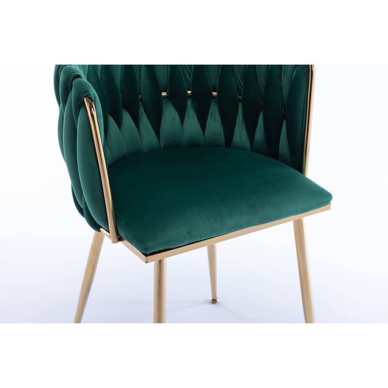 Velvet Fabric Dining Chairs Set of 2, Ergonomic Upholstered Lounge Chair, Accent Chairs with Woven Back & Metal Legs