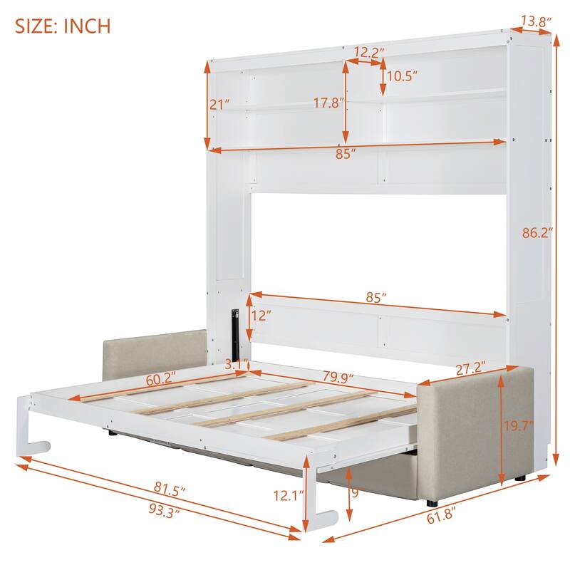 Multifunctional Queen Murphy Wall Bed with Built-in Sofa, Storage, and Easy Fold Mechanism