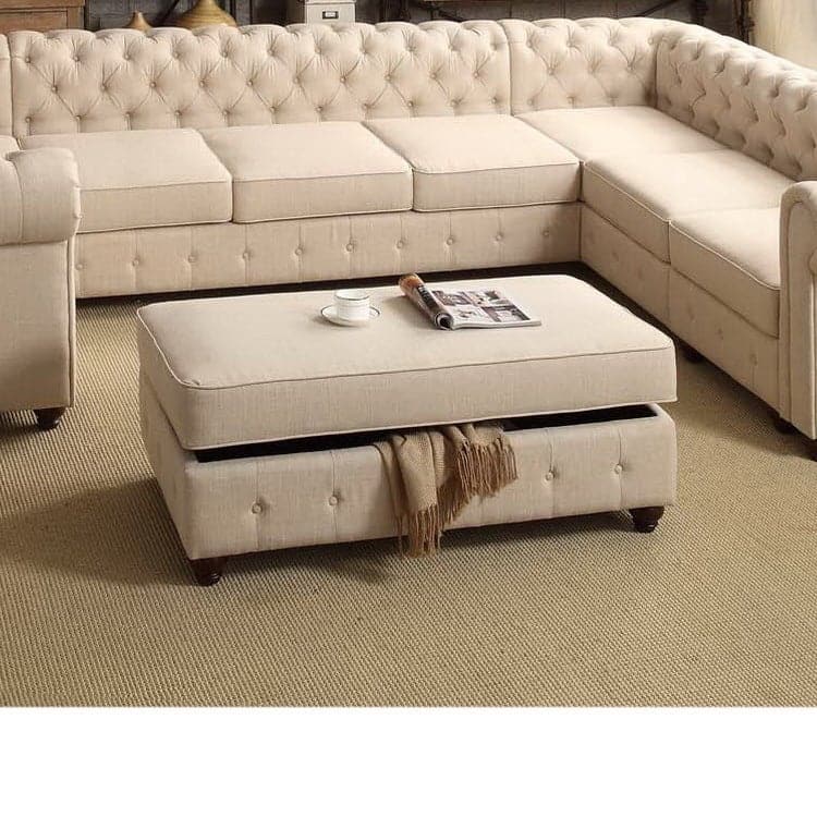 Moser Bay Garcia Tufted Linen Square Ottoman, Rectangle Ottoman, Storage Ottoman - Large