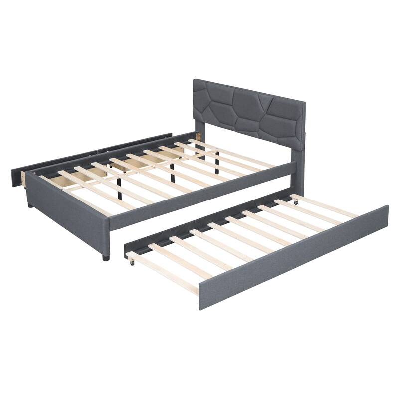 Grey Queen Size Linen Platform Bed with Brick Pattern Headboard, Trundle, and Storage Drawers