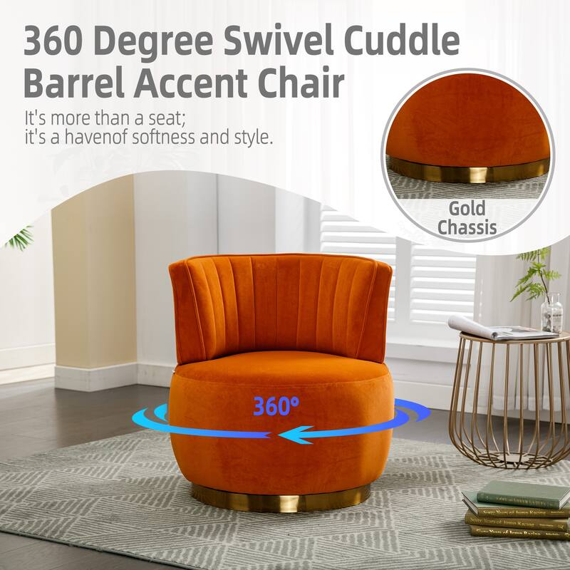 Swivel Barrel Chair, Comfy Velvet Upholstered Accent Sofa Chair, Leisure Club Chair with Shell-Shaped Back & Angled Armrests