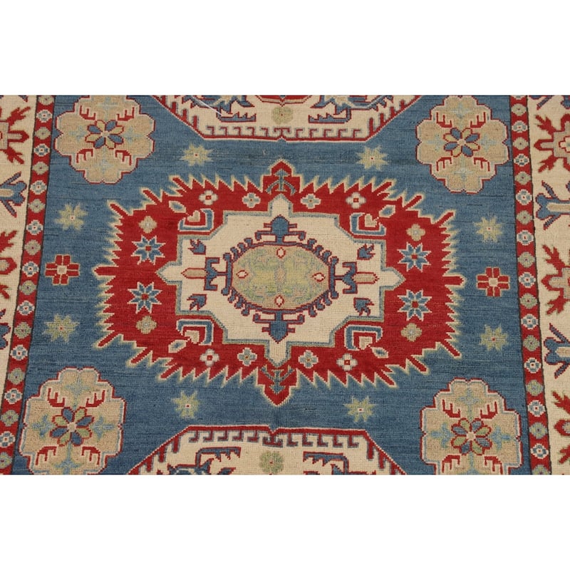 Blue Geometric Kazak Oriental Area Rug Bedroom Handmade Wool Carpet - 4'10" x 6'11"