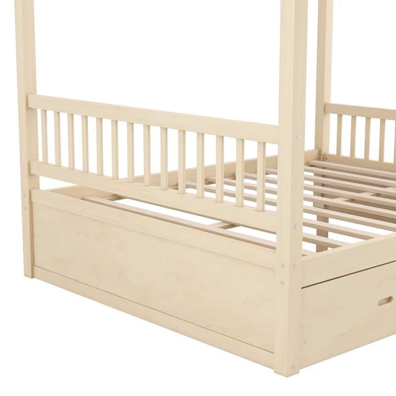 Wooden Canopy Bed Platform Bed with Storage Drawers and Slats Support