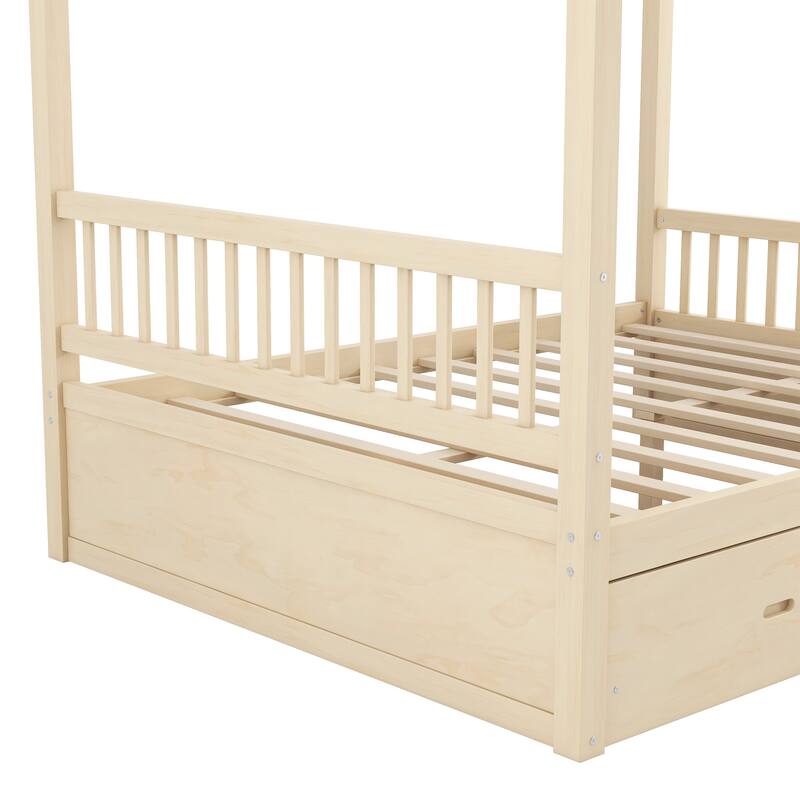 Wooden Canopy Bed with Storage Drawers, Low-Profile Four Poster Platform Bed with Wood Slat Support, No Box Spring Needed