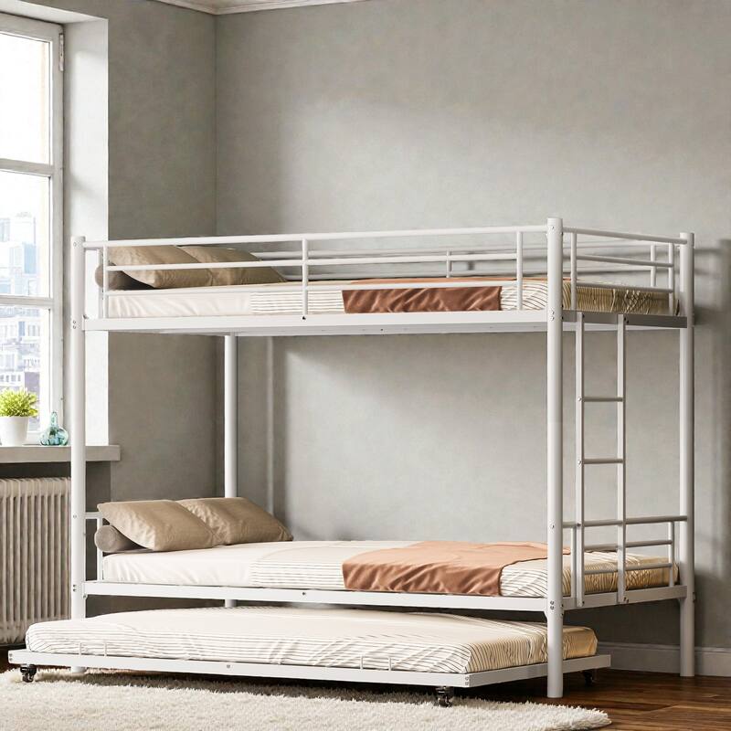 Twin Over Twin Metal Bunk Bed with Trundle, Convertible 2-in-1 Design, Non-Slip Ladder and Safety Rails - White - Twin