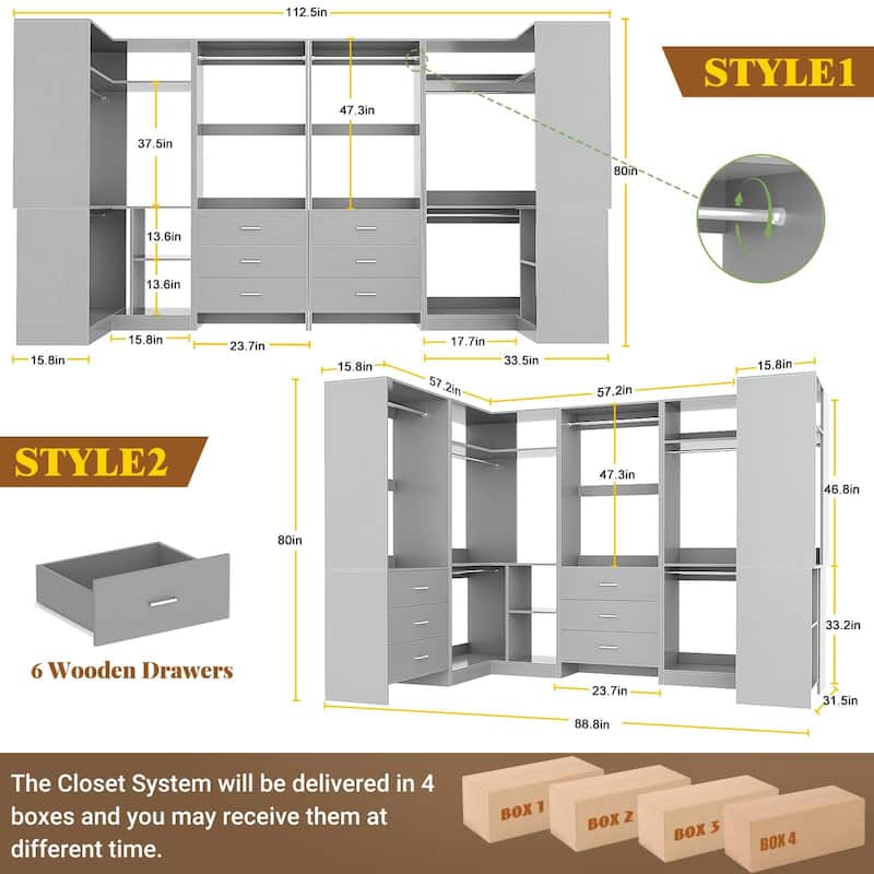 Cimly Set of 4 Closet Organizer with Drawers, U Shaped Freestanding Closet System