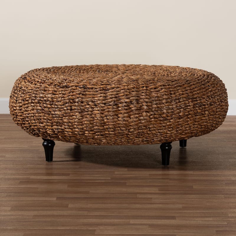 Riau Handwoven Seagrass Coffee Table with Wooden Legs - Natural Wicker Round Living Room Table for Living Room or Bedroom Décor