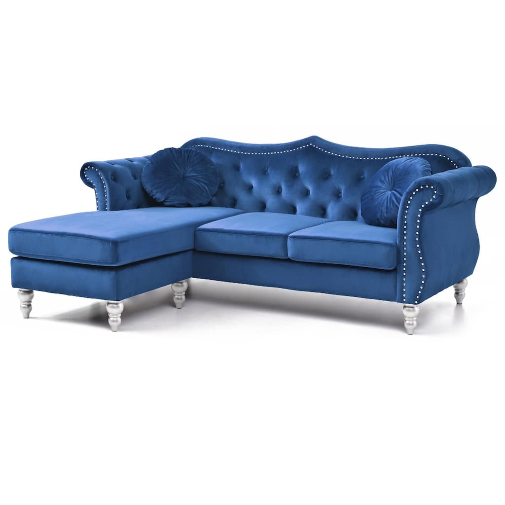 Tufted Velvet Chesterfield Sectional Sofa with Throw Pillows - 81" - Blue