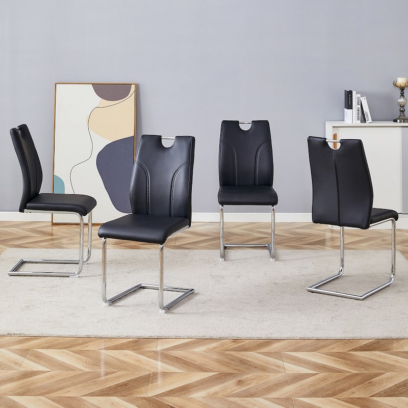 Roomfitters PU Dining Chairs with Bow Backrest and Electroplated Metal Legs, Set of 4, Black