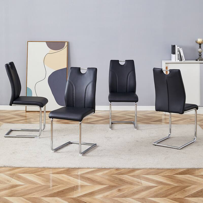 Set of 4 Modern Dining Chairs, with Faux Leather Padded Seat, Dining Living Room Chairs, Upholstered Chair - Black+Silver