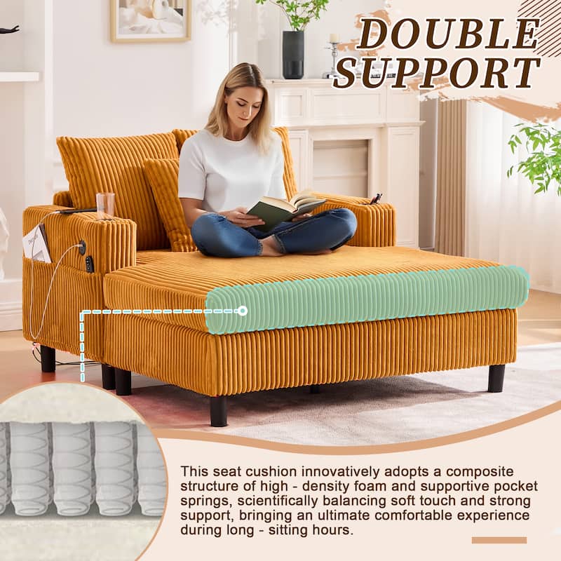 Recliner Sofa Loveseat with Chaise Lounge, Sleeper Sofa with USB & Type-C Charging Ports, Sofa Bed with Cup Holders