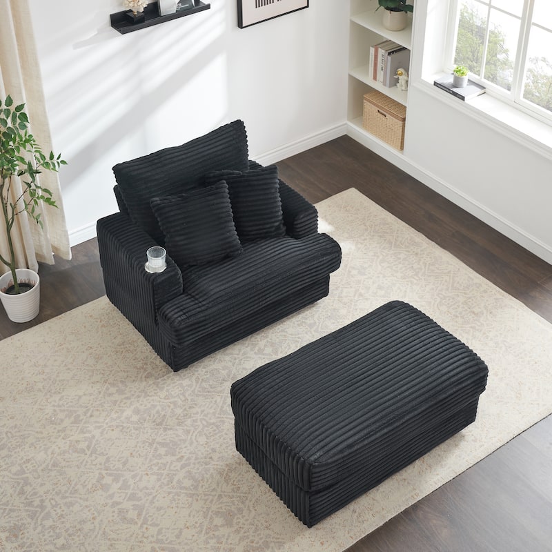 Black Corduroy Armchair Sofa with Ottoman and Cup Holder