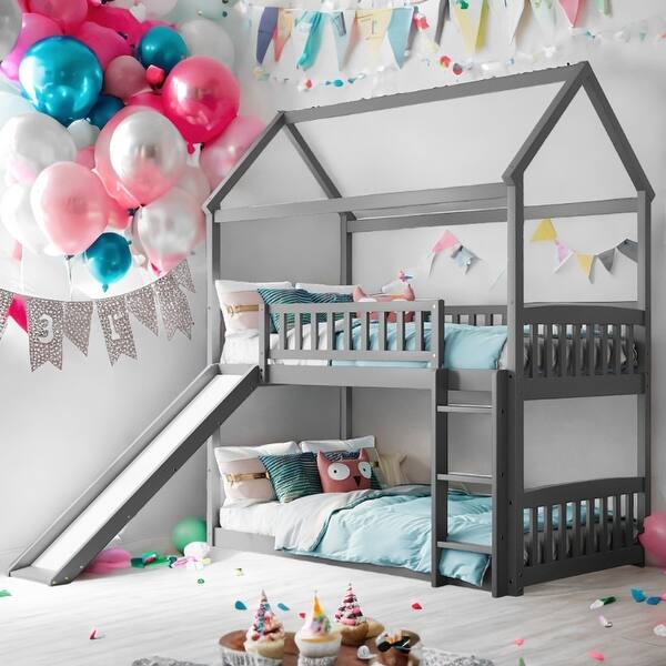 slide 2 of 26, Twin Over Twin Bunk Bed with Slide, House Bed with Slide,Maximized Space Saving Gray