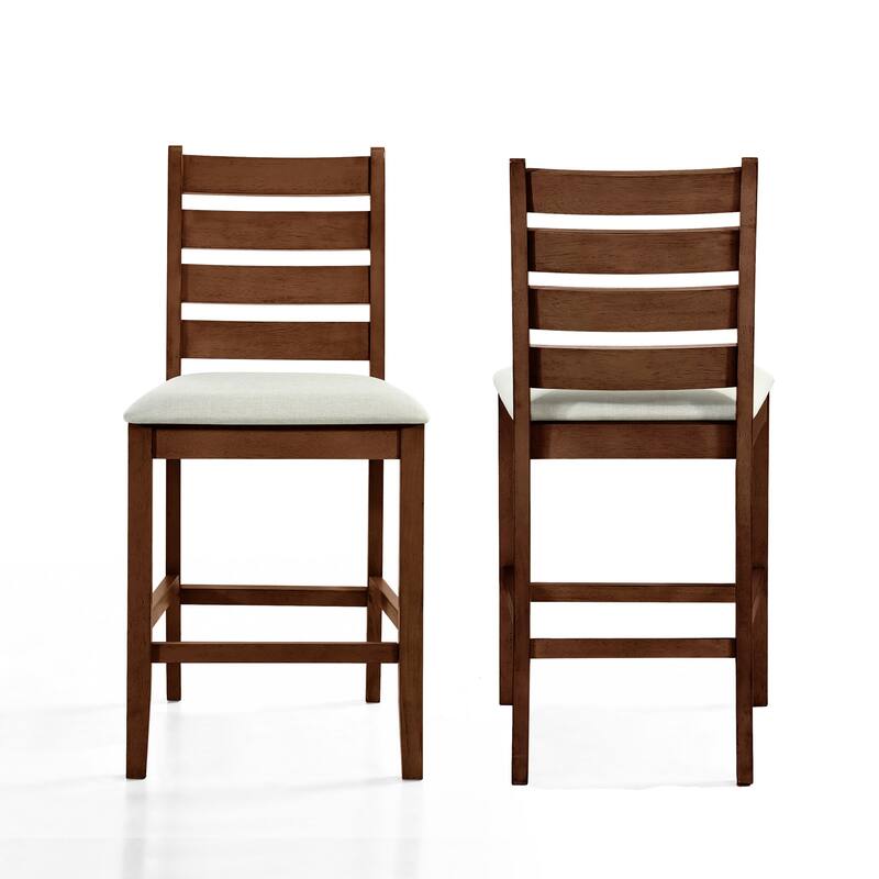 Accai Counter Height Chair Set of 2, Beige Polyester, Brown Rubberwood