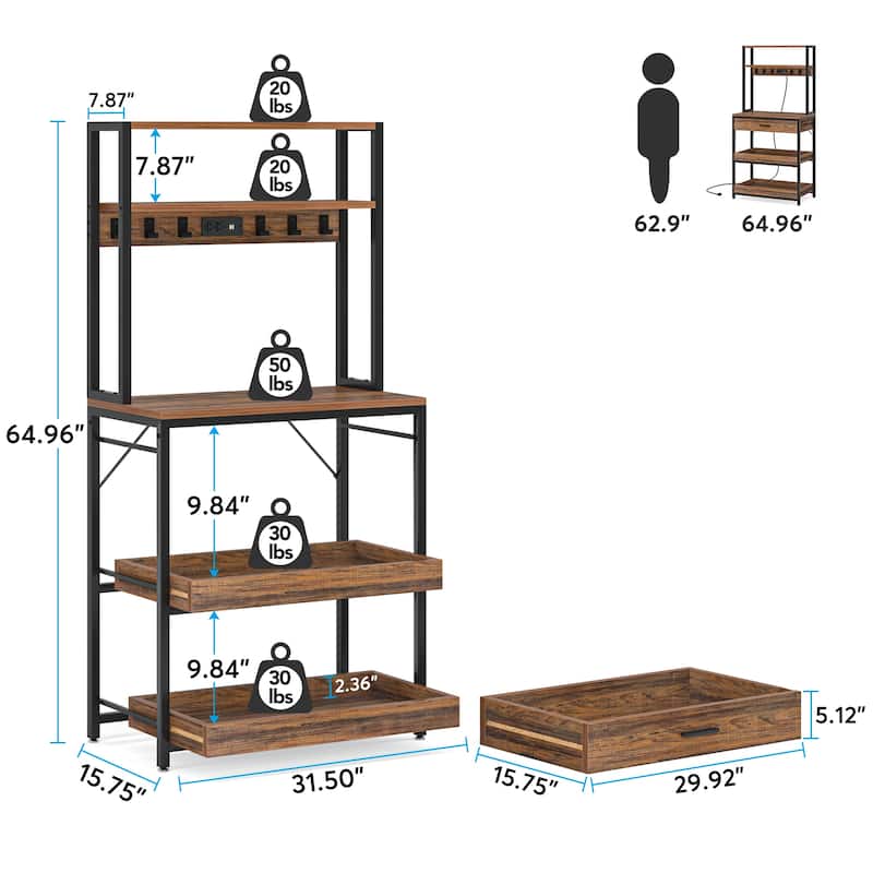 5-Tier Kitchen Bakers Rack with 4 Power & USB Outlets, Microwave Stand with Drawers and Shelves
