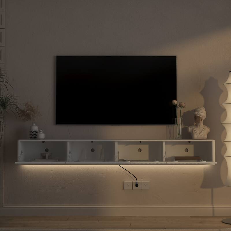 Wall Mounted Entertainment Shelf for Living Room, High Gloss Floating TV Stand with LED Lights & Power Outlet