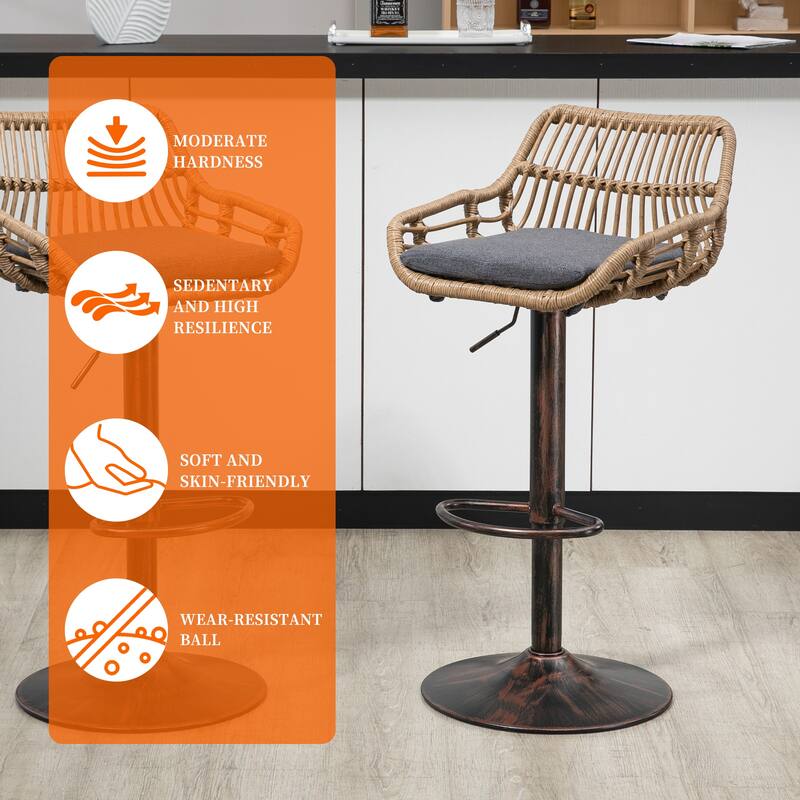 Plastic Rattan Linen Swivel Adjustable Height Bar Stools With Footrest(set of 2)