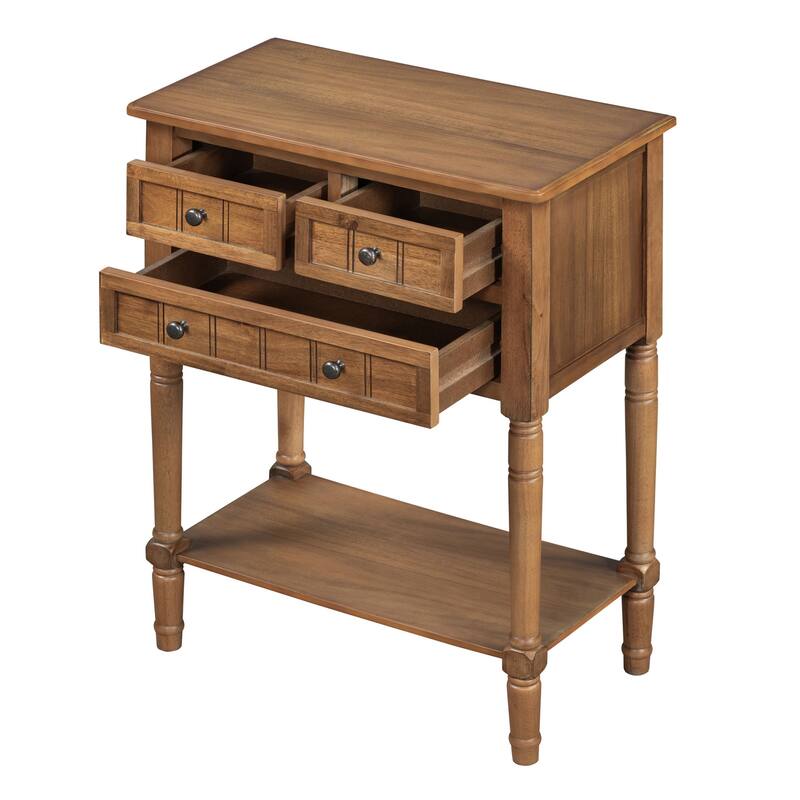 With three storage drawers and shelf console
