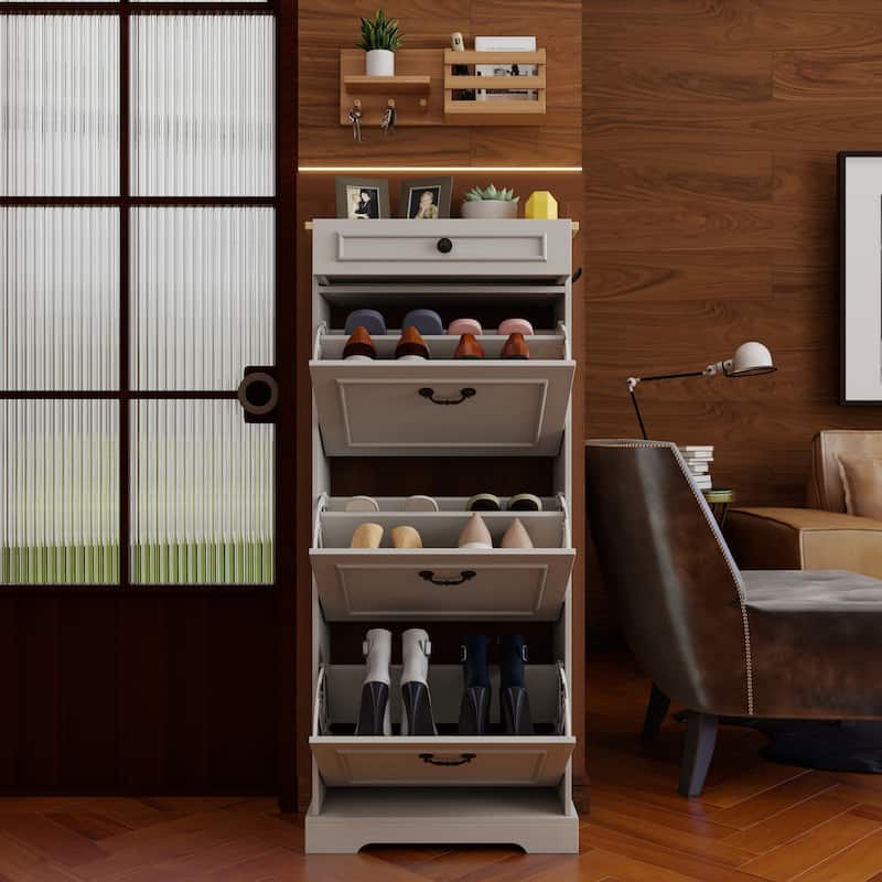 Anmytek Antique White Narrow Shoe Organizer Cabinet - 1 Drawer and 3 Flip Drawers