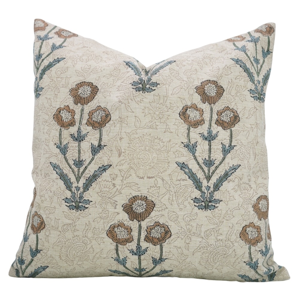 Fabdivine Hand Block Print Floral Pillow Cover Linen Cushion Case for Sofa Guest Room Fall Home Accent Gift