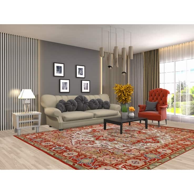 Hand Knotted Oriental 100% Wool Carpet Traditional Medallion Beige & Ivories Heriz (serapi) Area Rug - 9' 11'' X 8' 0''