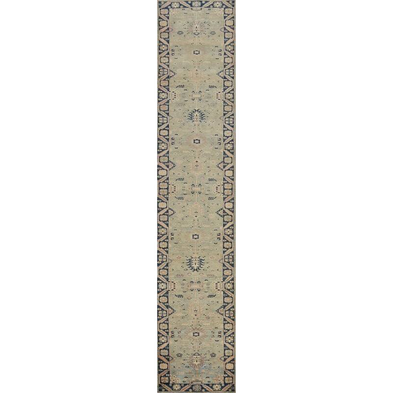 Hand Knotted Oriental 100% Wool Carpet Traditional Floral Navy Blue & Blues Ziegler Runner Rug - 22' 5'' X 3' 0''