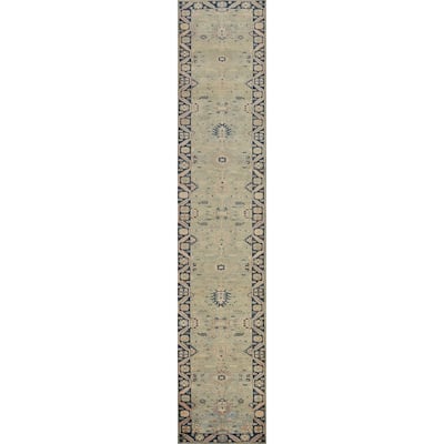 Hand Knotted Oriental 100% Wool Carpet Traditional Floral Navy Blue & Blues Ziegler Runner Rug - 22' 5'' X 3' 0''