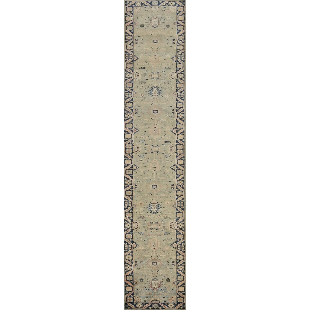 Hand Knotted Oriental 100% Wool Carpet Traditional Floral Navy Blue & Blues Ziegler Runner Rug - 22' 5'' X 3' 0''