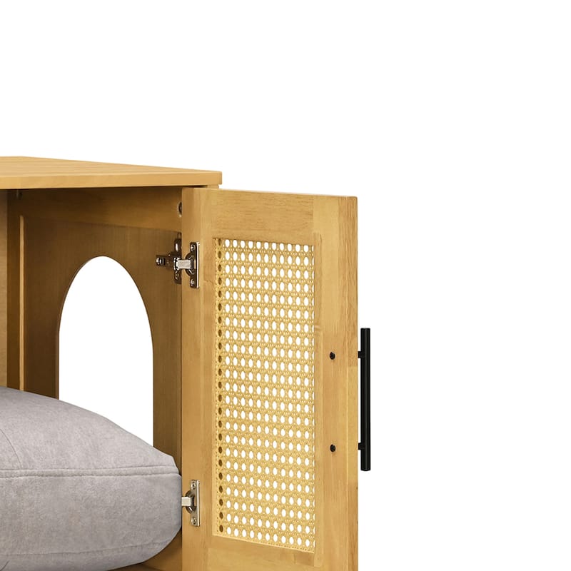 Christopher Knight Home - 47"W Rubber Wood Cat Cabinet with Rattan Doors & Cushion