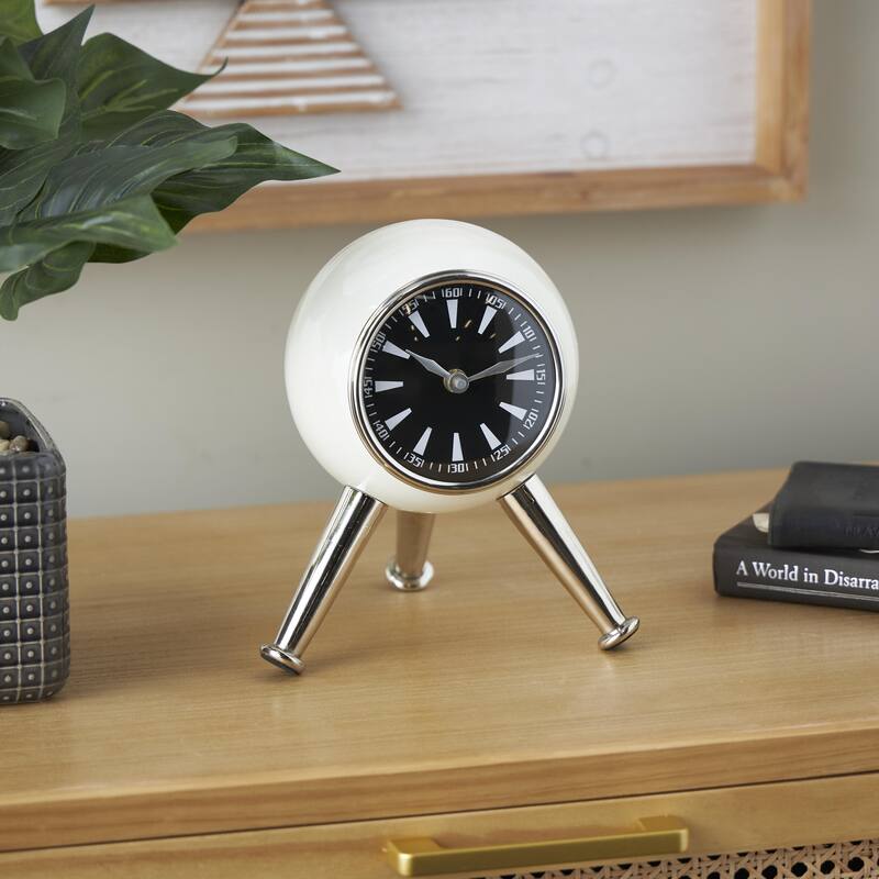 Aluminum Metal Orb Decorative Clock with White or Black Clockface and Gold Tripod Legs - Black or Silver - Roche River Decor