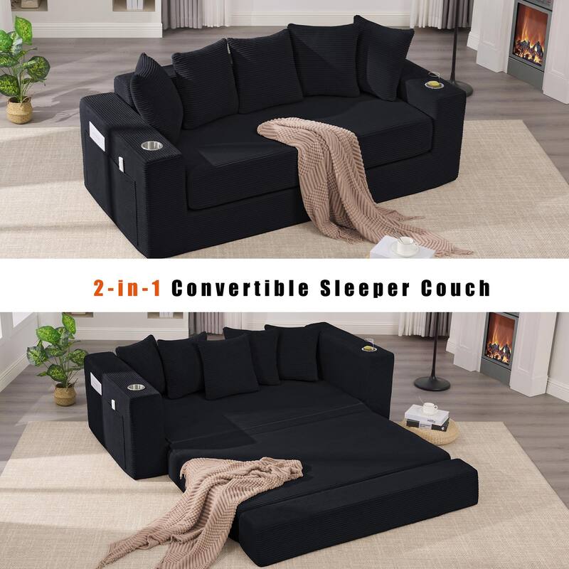 Convertible Corduroy Sleeper Loveseat Sofa Bed 3 Seater Floor Folding Couch with 5 Pillows, Cup Holders and Side Pockets