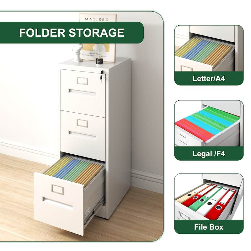 3 Drawer File Cabinet with Lock Metal Vertical File Cabinet Office Home, A4 Legal/Letter Size Narrow File Cabinet Locked