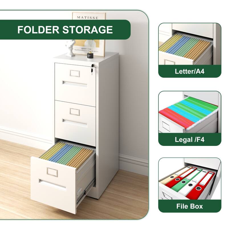 Modern Narrow Vertical File Cabinet, 3 Drawers Filing Cabinet with Lock Adjustable Hanging Rail, for Home Office