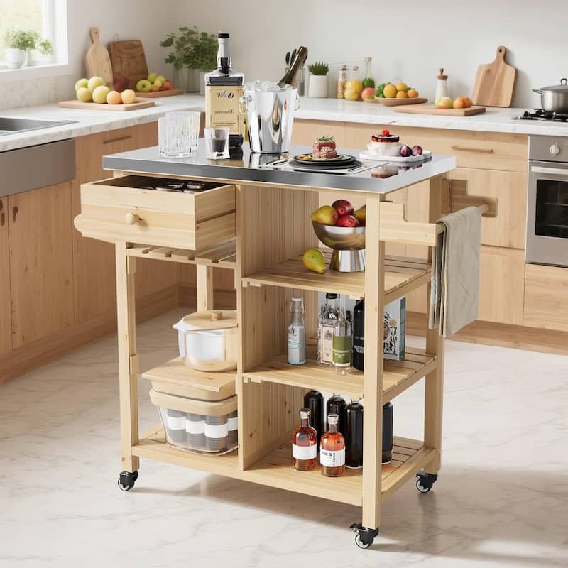 Solid Wood Grill Cart with Stainless Steel Top for Patio and Garden