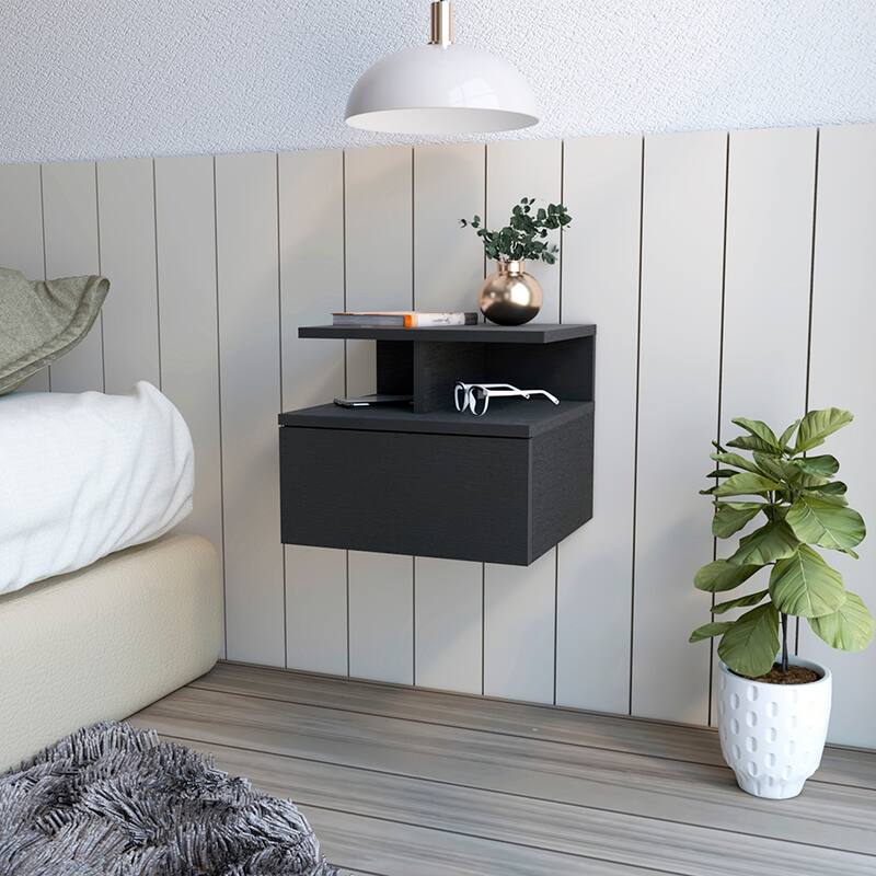 Wall-Mounted Nightstand with Drawer, Black Wengue Finish - Black