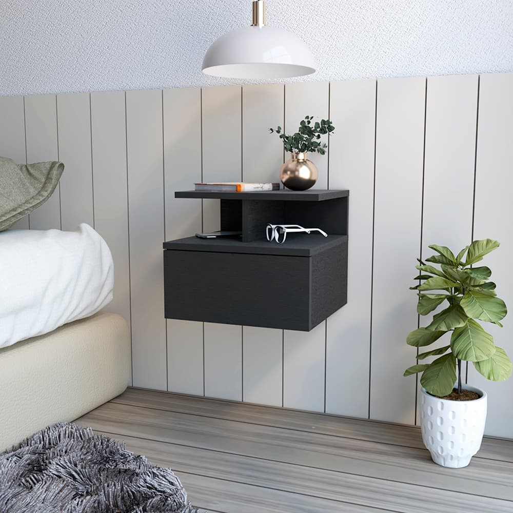 Wall-Mounted Nightstand with Drawer, Black Wengue Finish