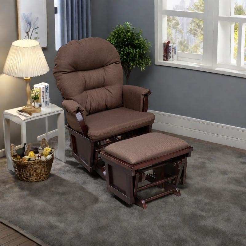 Polyester Nursery Glider Rocker with Ottoman - Brown Wood Base and Thick Padded Seat
