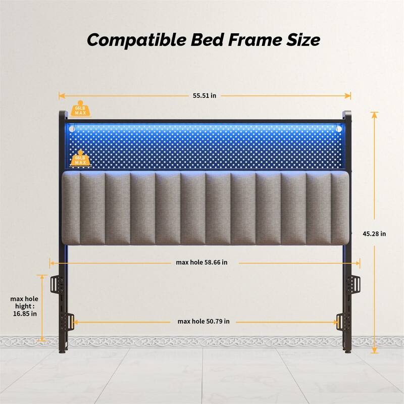 Adjustable Upholstered Headboard with 2 Tier Shelves with Charging Stations and LED Lights, Modern Bed Headboard with Storage