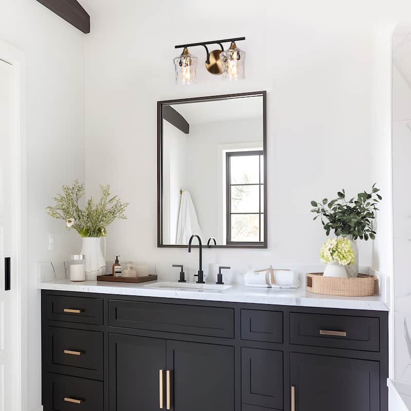2/3/4-Light Modern Gold Black Bathroom Vanity Light Wall Sconce with Hammered Glass