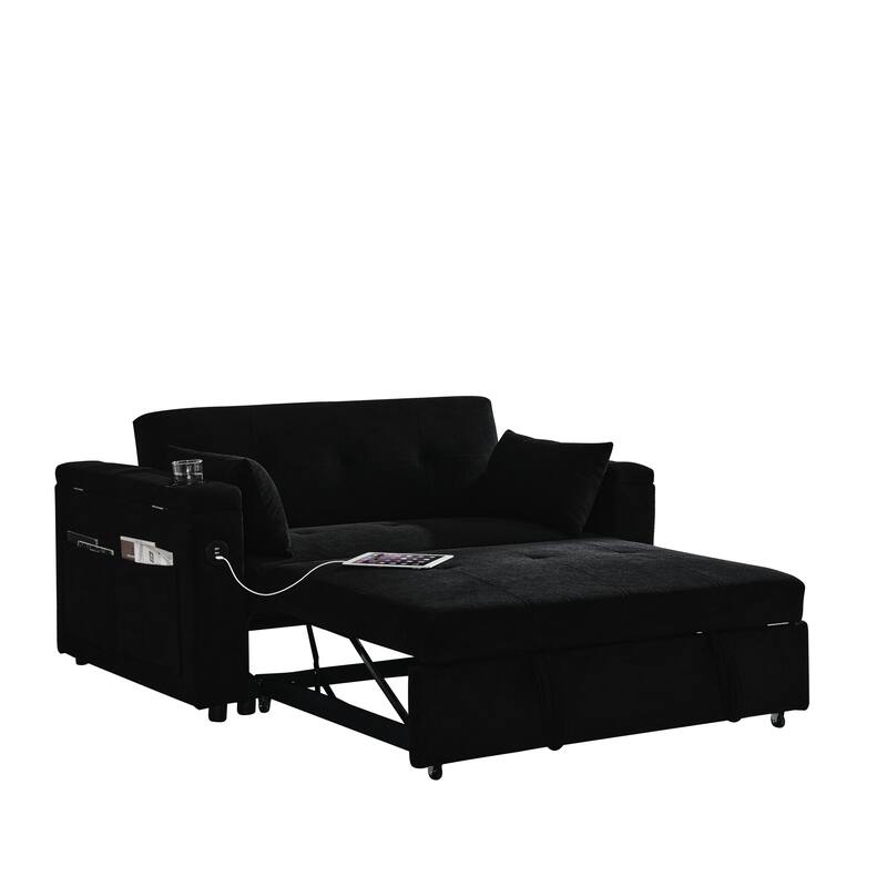 Chenille Pull-Out Sleeper Loveseat Bed Adjustable Backrest Tufted Futon Sofa with 2 Pillow and USB Ports, Pockets