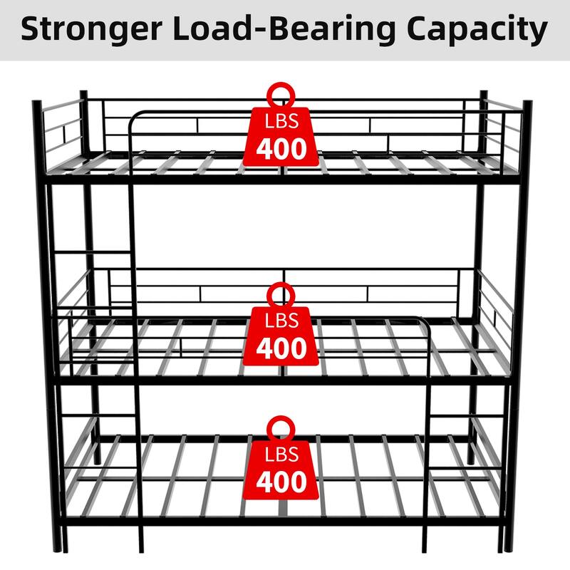 Heavy-Duty Triple Frame Bed With Built-In Ladder And Full-Length Railing, Floor Safe For Children/Teens, No Springs Required