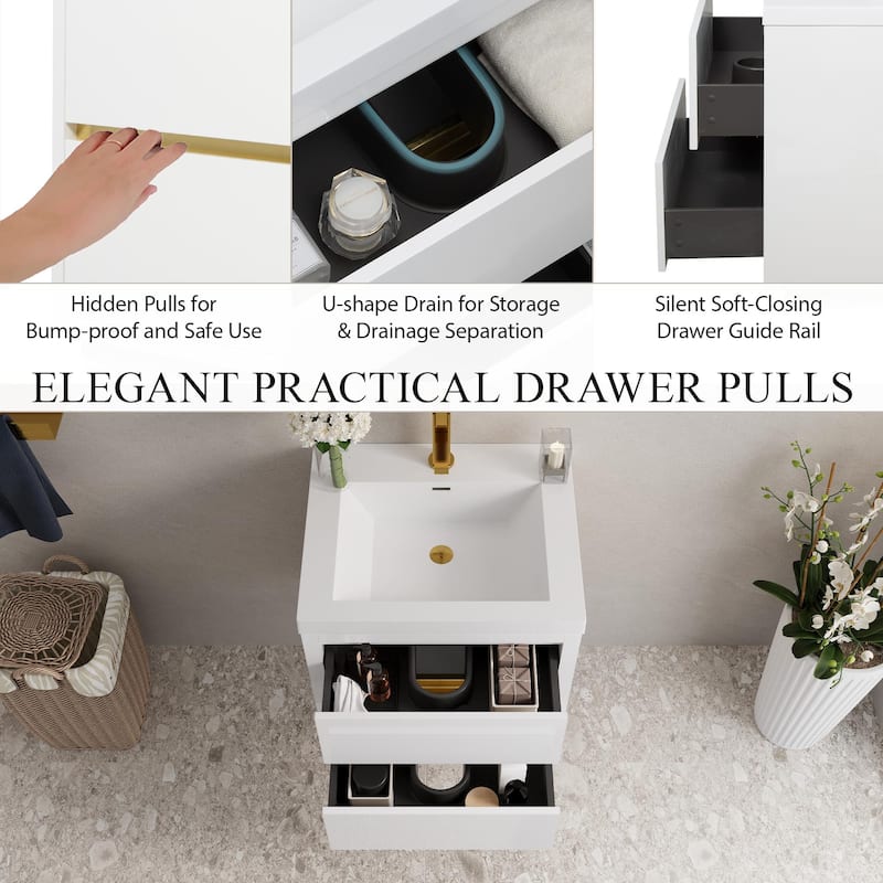 24"/30"/36" Wall-Mounted Bathroom Vanity with Sink, Floating Cabinet, Stone Resin Countertop, Glossy White, Soft-Close Drawers