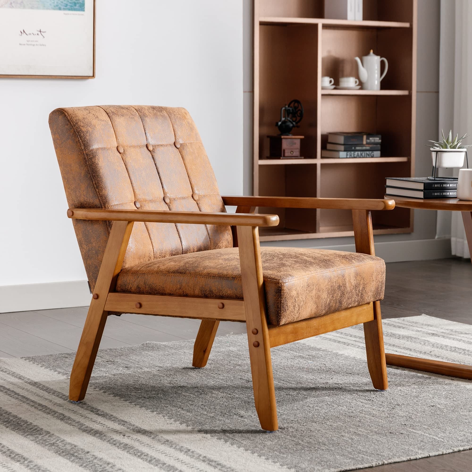Mid Century Accent Chair with Solid Wood Frame, Comfy Single Side