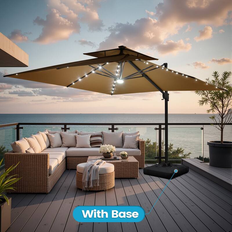 11FT Outdoor Patio Cantilever Umbrella with LED Lights Double Vented Umbrella with Base