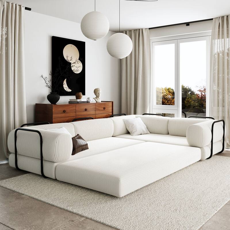 L-Shaped Modular Sofa Bed Corduroy Fabric Sleeper Sectional Couches Floor Chaise Lounge with L-shape Iron Frame Support