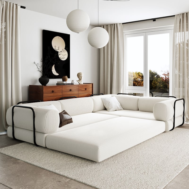 L-Shaped Modular Sofa Sleeper Sofa, Corduroy Sectional Sofa with 3 Wedge Cushions and Flat Cushion, Convertible Sofa Bed