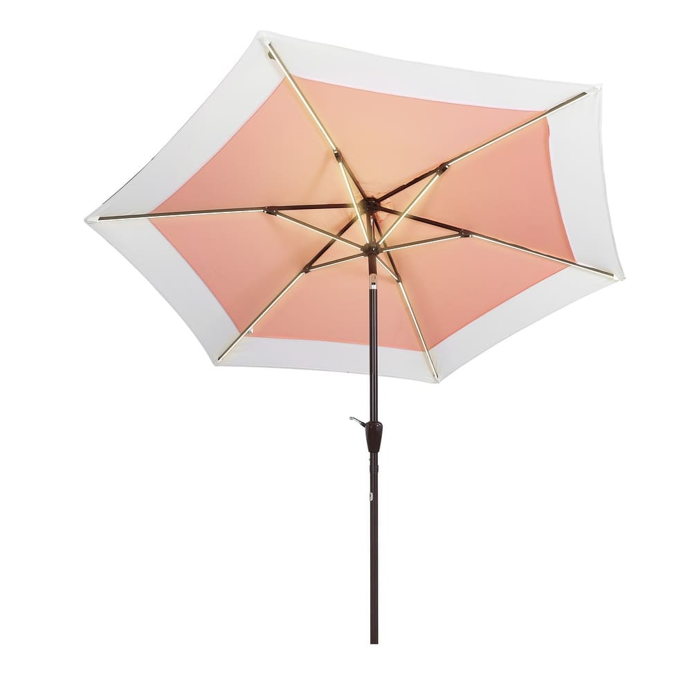 JONATHAN Y Sidney 9 ft. 2-Tone Solar LED Market Patio Umbrella with 12 LED Strip Lights, Auto-Tilt, Crank and UV Protection