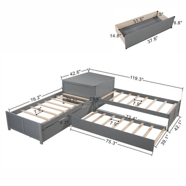 dimension image slide 1 of 2, L-shaped Platform Twin Bed with built-in Flip Square Table and Trundle and Drawers Linked.