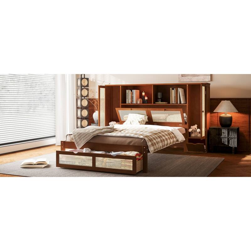 Twin Wooden Platform Bed with Rattan Headboard, 2 Lockers, Drawer & Rack